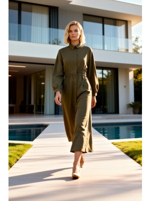 Benerly Kadın Maxi Elbise Gömlek Tesettür Skater Yaka Uzun Kol Dokuma Terrycotton Astarsız Düz Desen