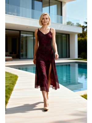 Benerly Kadın Midi Elbise A Kesim V Yaka Kalın Askılı Kolsuz Soyut Çiçek Desenli Şifon Dokuma Astarlı