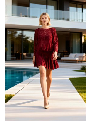 Benerly Kadın Mini Elbise Kayık Yaka Düşük Kol Uzun Örme Dantel Asimetrik Kesim Ekstra Kısa Skater Düz