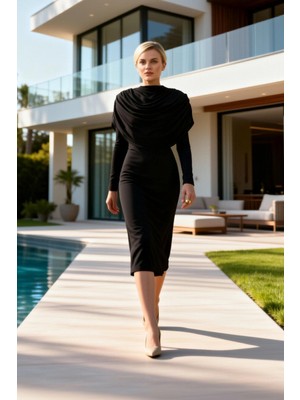 Benerly Kadın Maxi Elbise Degaje Yaka Uzun Kol Kalıp Düz Desen Örme Kumaş Astarsız Sandy Dokuma