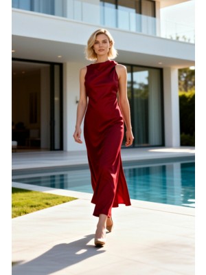 Benerly Kadın Midi Elbise Degaje Yaka Kolsuz Astarlı Düz Dokuma Saten Slip Kalıp Gece Şık