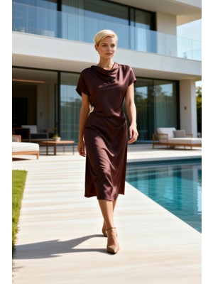 Benerly Kadın Midi Elbise Degaje Yaka Kısa Yarasa Kol Skater Kalıp Dokuma Saten Kumaş Astarsız Aksesuar