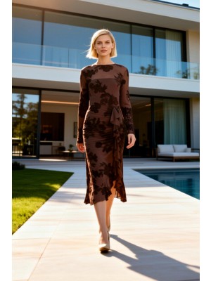 Benerly Kadın Midi Elbise Bodycon Bisiklet Yaka Uzun Standart Kol Flok Baskılı Tül Astarlı Çiçek