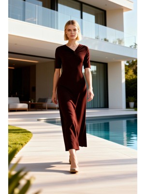 Benerly Kadın Maxi Elbise A Kesim Çan Form Asimetrik Düğüm Detaylı Yaka Düşük Kısa Kol Esnek Örme Düz