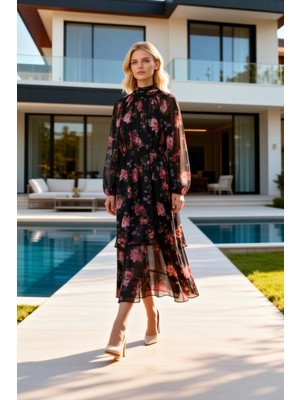 Benerly Kadın Maxi Elbise Dik Yaka Uzun Balon Kol Astarlı Şifon Dokuma Kumaş Çiçekli Desen Shift Kalıp