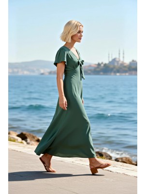 Benerly Kadın Maxi Elbise V Yaka Melek Kol A Kesim Düz Dokuma Kumaş Astarsız Yazlık Fiyonk Detaylı