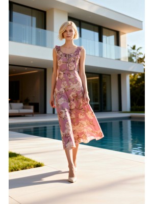 Benerly Kadın Midi Elbise Havuz Yaka Kolsuz Çiçekli A Kesim Volanlı Fırfırlı Tül Örme Astarlı Spor