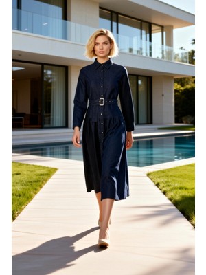 Benerly Kadın Maxi Elbise Yaka Uzun Standart Kol Dökümlü Kemerli Denim Rigid Dokuma Düz