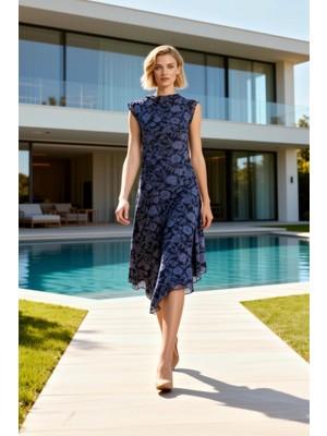 Benerly Kadın Midi Elbise Dik Yaka Kısa Kol Tül Örme Çiçek Desenli Skater Kalıp Asimetrik Kesim Astarlı