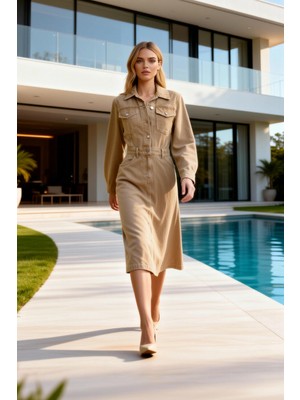 Benerly Kadın Midi Elbise Kalıp Yaka Uzun Standart Kol Düz Rigid Dokuma Astarsız Denim