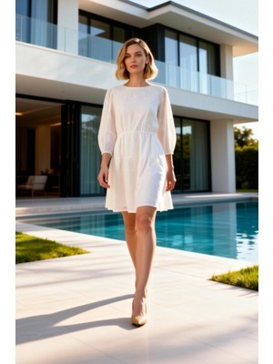 Benerly Kadın Mini Elbise Bisiklet Yaka Truvakar Balon Kol Dokuma Brode Desenli Skater Kesim Beli Lastikli