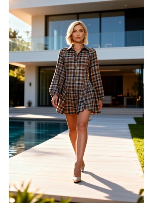 Benerly Kadın Elbise Gömlek Yaka Uzun Kol Manşetli Ekose Desen Mini Boy Dokuma Flanel Astarlı