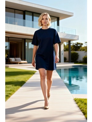 Benerly Kadın Mini Elbise A Kesim Bisiklet Yaka Kısa Kol Düz Desen Denim Kumaş Astarsız Spor