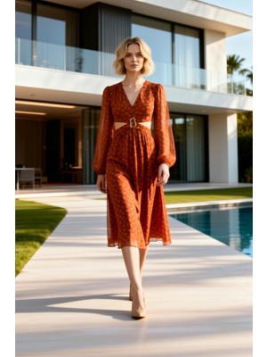 Benerly Kadın Maxi Elbise V Yaka Uzun Kol Şal Desen Cut Out Detaylı A Line Kalıp Şifon Dokuma Astarlı