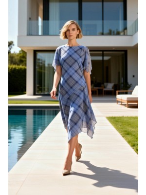 Benerly Kadın Midi Elbise Bisiklet Yaka Melek Kol Kısa Asimetrik Kesim Volanlı Fırfırlı Ekose Desen Örme