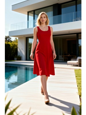 Benerly Kadın Midi Elbise Kare Yaka Kolsuz Skater Kalıp Düz Desen Finike Dokuma Astarsız Yazlık Giyim