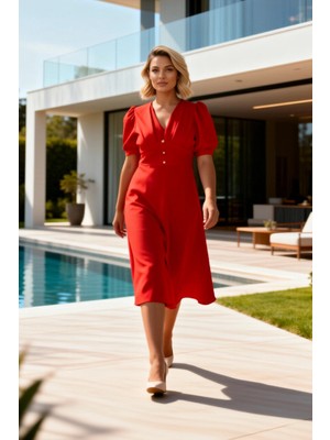 Benerly Kadın Büyük Beden Midi Elbise V Yaka Balon Kol Dokuma Inci Düğmeli Kısa Düz Desen A Kesim Şık