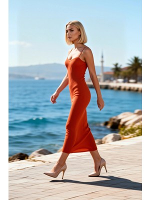 Benerly Kadın Boy Bodycon Elbise V Yaka Ince Askılı Kolsuz Ribana Örgü Triko Düz Modern