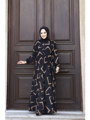 SFG Life Moda Kadın Yazlık Tesettür Önü Düğmeli Desenli Dokuma Viskon Şık Elbise