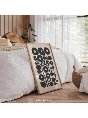 Ninastore Soyut Çiçek Desenli Baskı - Bej ve Siyah Tonlarında Modern Yatak Odası Sanatı | Estetik Daireler Içi