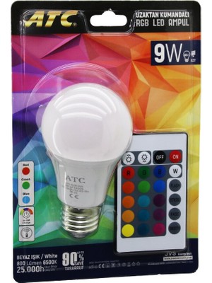 Go İthalat ATC-RGB-9W  Kumandalı   9W=60W  Rgb=16-Renkli LED Ampul E27 800 Lümen 6500K 25.000 Saat Ömür (5517)