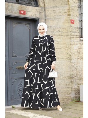 SFG Life Moda Kadın Yazlık Tesettür Önü Düğmeli Desenli Dokuma Viskon Şık Elbise