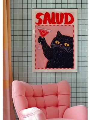 Ninastore Tuxedo Cat Cheers Martini Sanat Baskısı: Retro Bar Lounge Posteri