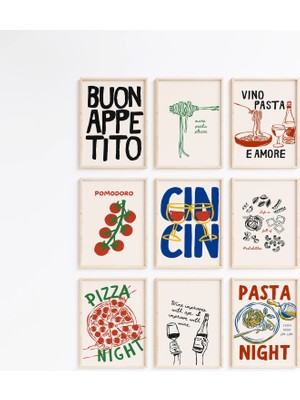 Ninastore Retro Mutfak Duvar Sanatı Baskı Seti (9 Parça) / Italyan Yemekleri Galeri Duvar Seti / Trend Duvar S