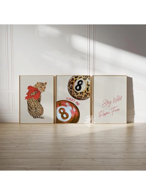 Ninastore Modaya Uygun Leopar Desenli 3'lü Set / Kırmızı 8 Top Dijital Baskı / Şanslı Duvar Sanatı / Şık Oda D