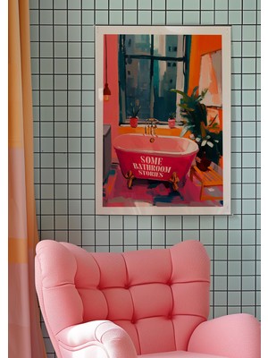 Ninastore Mizahi Banyo Sanat Baskısı: Retro Pembe Küvet Tipografisi