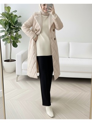 Modamorfo Yakası Kürklü Beli Kemerli Düğmeli Astarlı Kapitone Mont -Taş