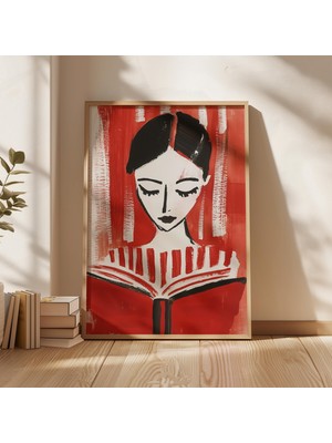 Ninastore Soyut Okuma Yapan Kadın Sanat Baskısı: Kırmızı ve Beyaz Modern Dekor (Dijital Indirme)
