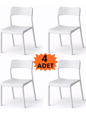 Flinder 4'lü Mari Beyaz Mutfak Sandalyesi ve Balkon Sandalyesi Plastik Oturma Alanlı, Metal Ayaklı, Bahçe