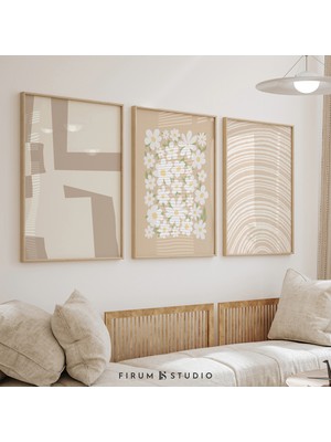 Ninastore Nötr Sade Baskılı Duvar Seti (3 Parça) - Açık Renk Estetik Dekorasyon / Krem Bej Yatak Odası Duvar B
