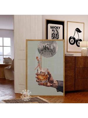 Ninastore Retro Bar Arabası Sanat Baskısı/ Disko Viski Kolaj Baskısı/ Kokteyl Posteri/ Sürreal Sanat Baskısı/