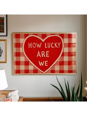 Ninastore Kırmızı Kalpli Ekose Baskı: 'ne Kadar Şanslıyız' Romantik Duvar Sanatı (Dijital Indirme)