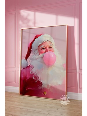 Ninastore Pembe Noel Baba Baskılı Duvar Sanatı / Eğlenceli ve Trendi Kış Tatili Baskısı / Şık Noel Posteri / D