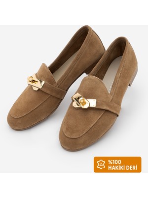 Marjin Kadın Loafer Hakiki Deri Tokalı Makosen Günlük Ayakkabı Nador Camel Süet