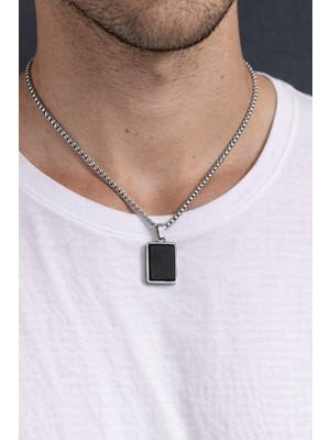 Erkek Minimal Dikdörtgen Siyah Krizopraz Doğal Taş Uçlu Çelik Kolye
