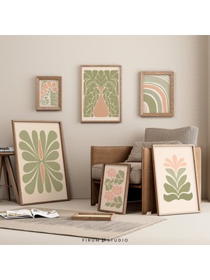 Ninastore Adaçayı Yeşili ve Pembe Boho Tarzı 8'li Dijital Baskı Seti / Soyut Botanik Pastel Yeşil Eklektik Gal