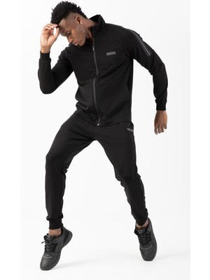 Maraton Regular Erkek Dik Yaka Ribana Paça Siyah Eşofman Takımı