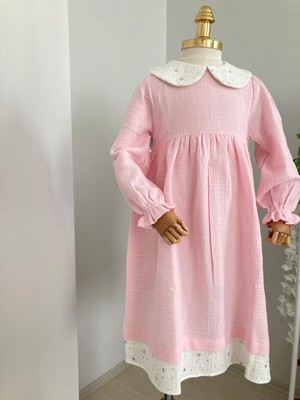 Uhde Store Kız Çocuk Yıldız Pembe Tesettür Müslin Elbise Merasim Elbisesi Umre Elbisesi