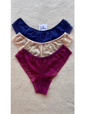 Valunor Kadın Iç Çamaşırı Brazillian Stil Dantelli Lace Set Kadın Şık ve Rahat Tanga Külot 3'lü Set