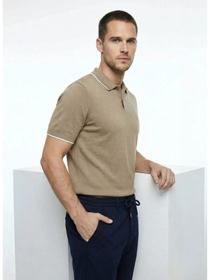 Fabrika Polo Yaka Slim Fit Düz Haki Erkek Kazak F6SM-KZK 2048