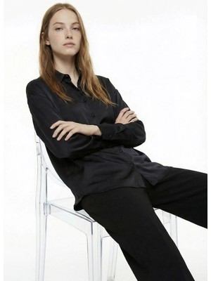 Fabrika Loose Fit Gömlek Yaka Düz Siyah Kadın Gömlek F6SL-GML0194