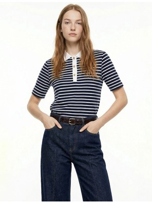 Fabrika Çizgili Lacivert - Beyaz Kadın Polo T-Shirt