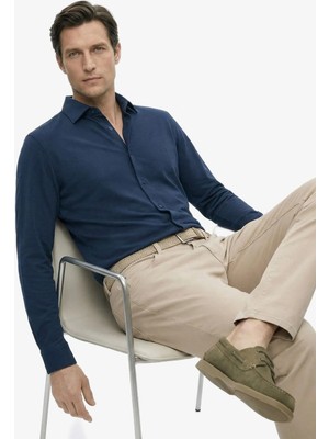 Fabrika Slim Fit Alttan Britli Yaka Düz Lacivert Erkek Gömlek F6SM-GML 2606