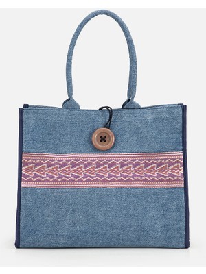 Su14 Mavi Denim Etnik Şerit Detaylı Omuz Çantası