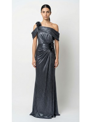 Bdm Exclusive El Işçiliği Drapeli Çiçek Aplikeli Özel Tasarım Uzun Abiye Elbise