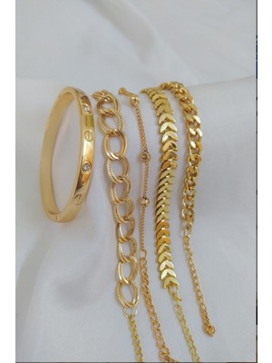 Lia Charm 5'li Altın Kaplama Lüks Bileklik Seti - Çivili Kelepçe & Balıksırtı Zincir Kombini